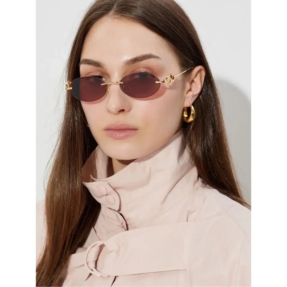 New Valentino VG0032S 002 Gold Oval Sunglasses Brown Lenses Authentic